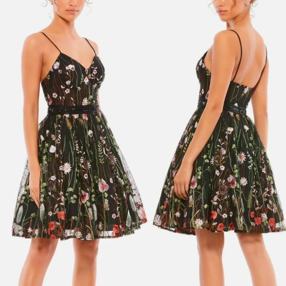 Mac Duggal Floral Embroidered Bustier A-Line Dress